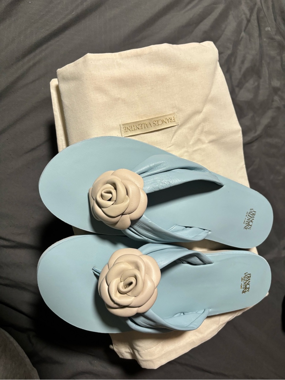 Frances Valentine Powder Blue Flip Flop Sandals with Cream Rose Appliqués